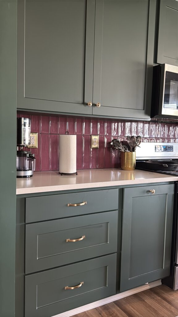 green kitchen with purple backsplash, kitchen refresh before and after
